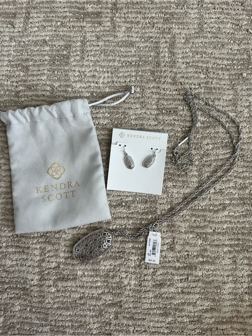 Kendra Scott Silver Filigree Elisa Necklace and Drop Earrings Set